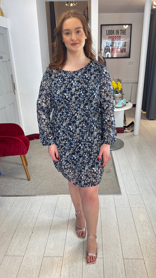 Anja Navy Ditsy Print Mini Dress