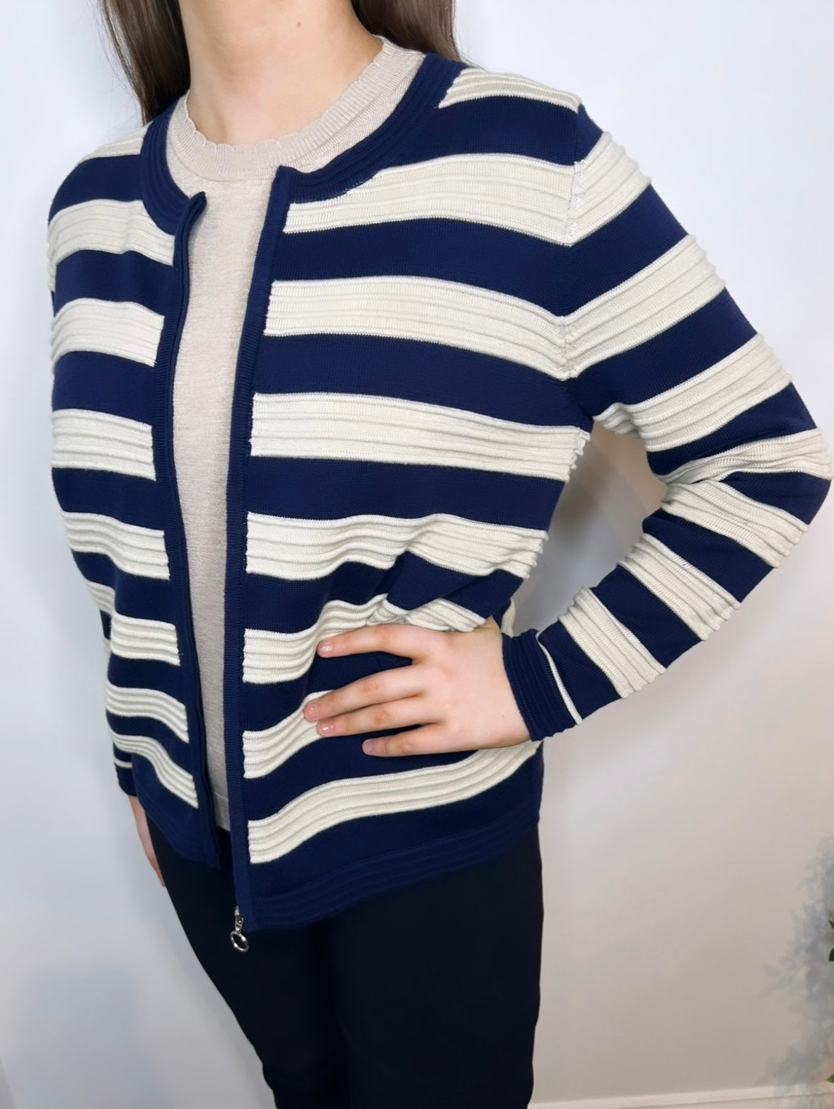 Sunday Striped Beige and Navy Zip Cardigan