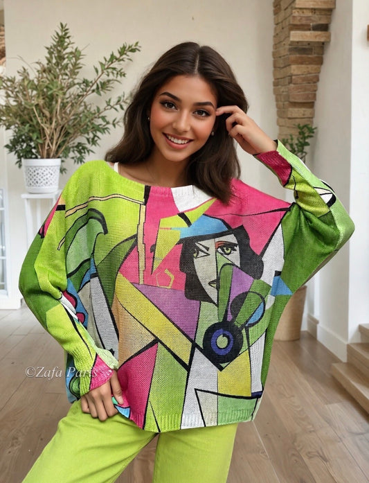 Brona Lime Face Silhouette Pullover