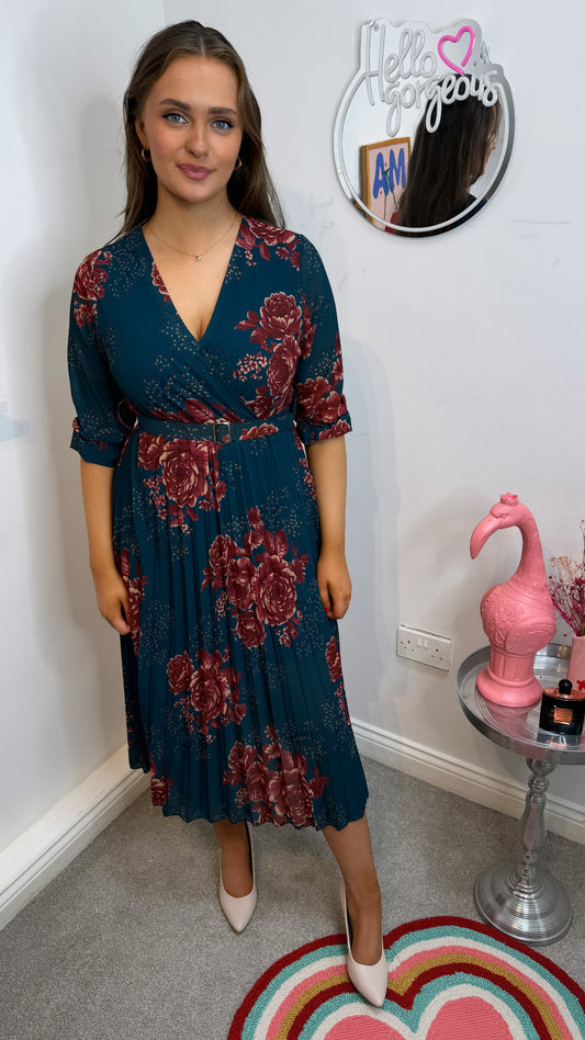 Mositano Teal Pleated Midi Dress