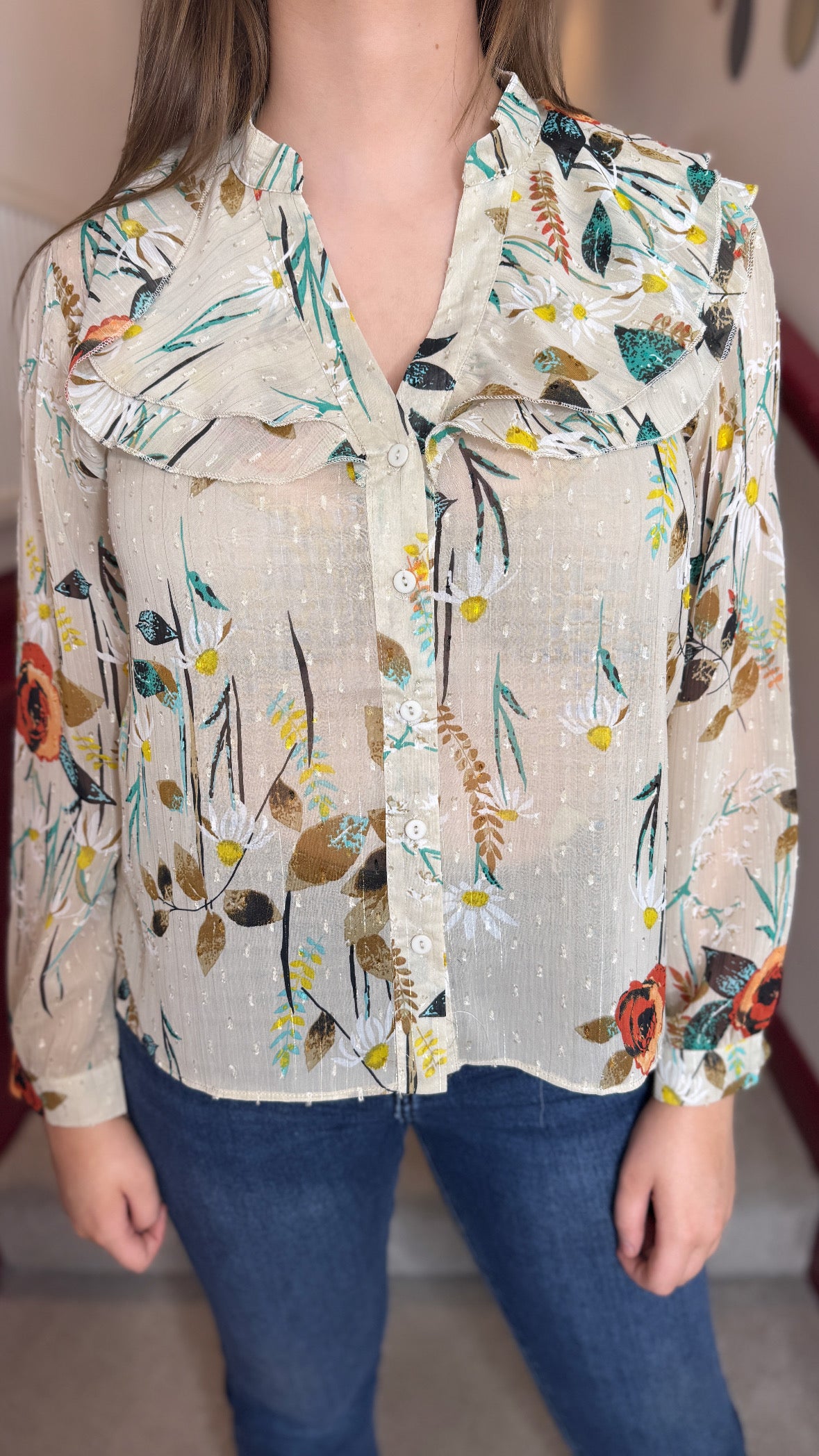 Gabby Beige Floral Frill Blouse