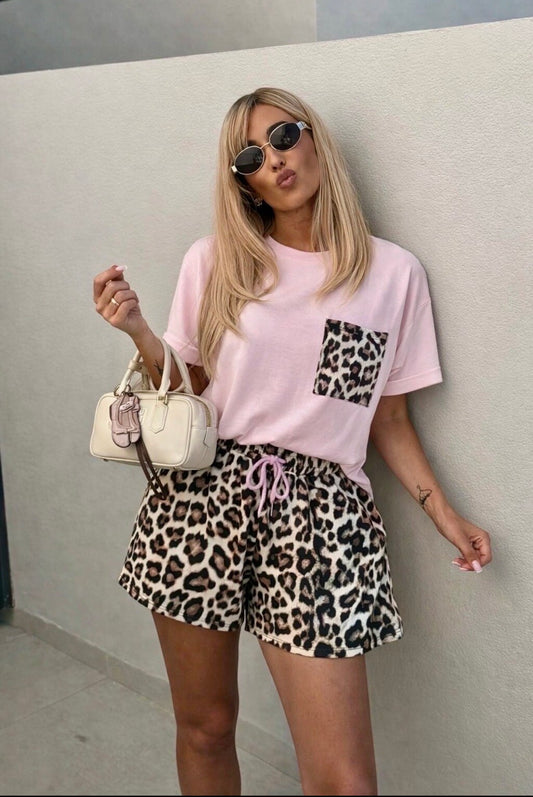 Allie Pink and Leopard Two Piece Shorts and Top Set