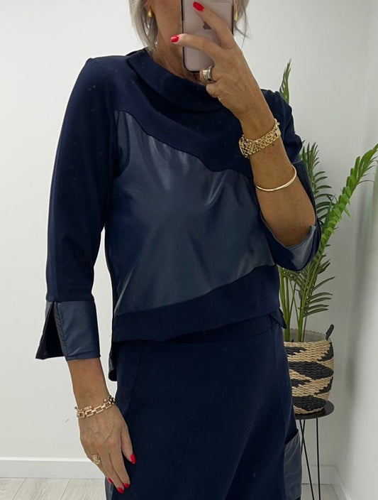 Carley Navy Leather Panel Blouse