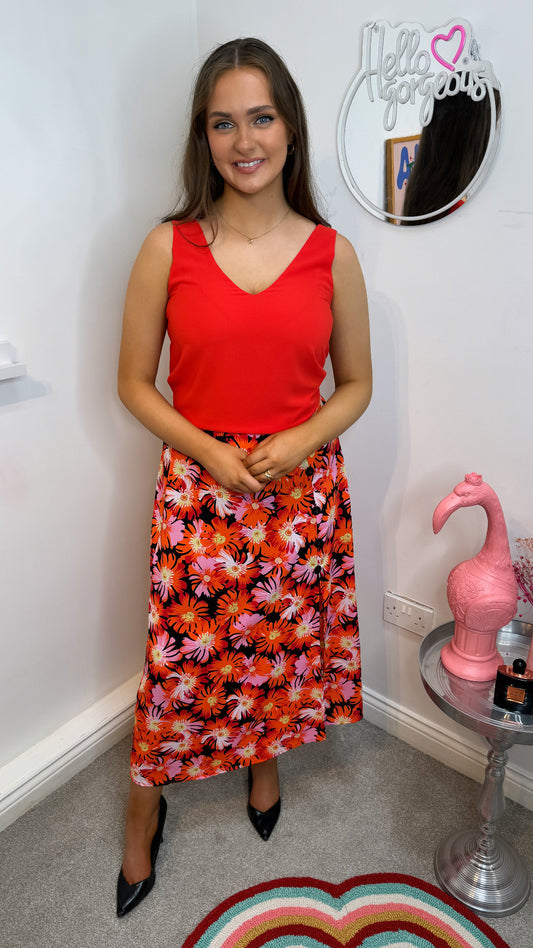 Sila Orange A-Line Floral Skirt