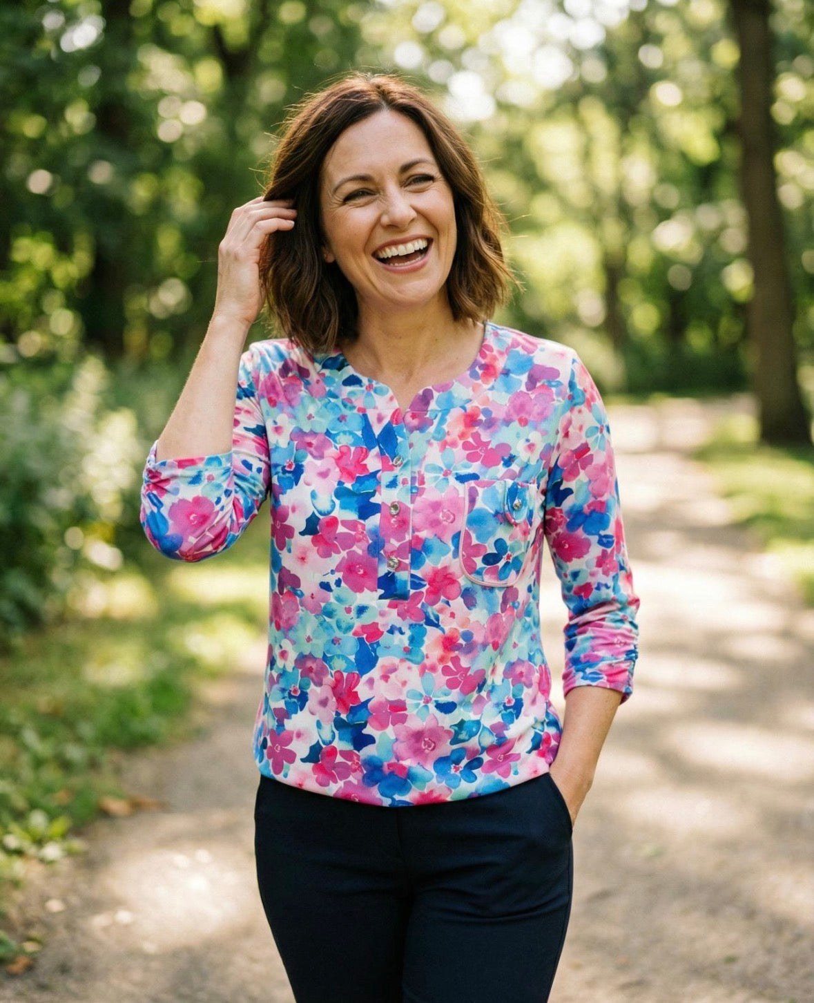 Sarah Blue Floral V-Neck Blouse