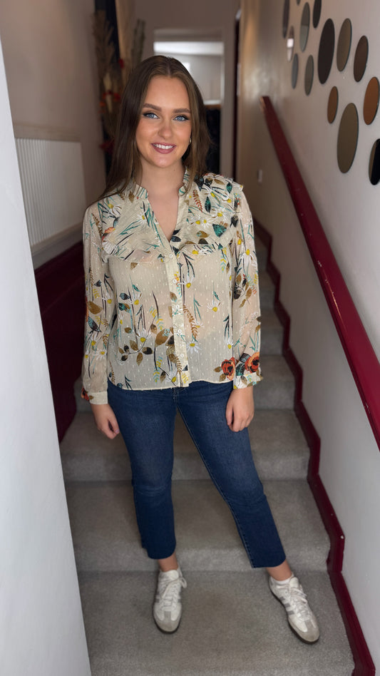 Gabby Beige Floral Frill Blouse