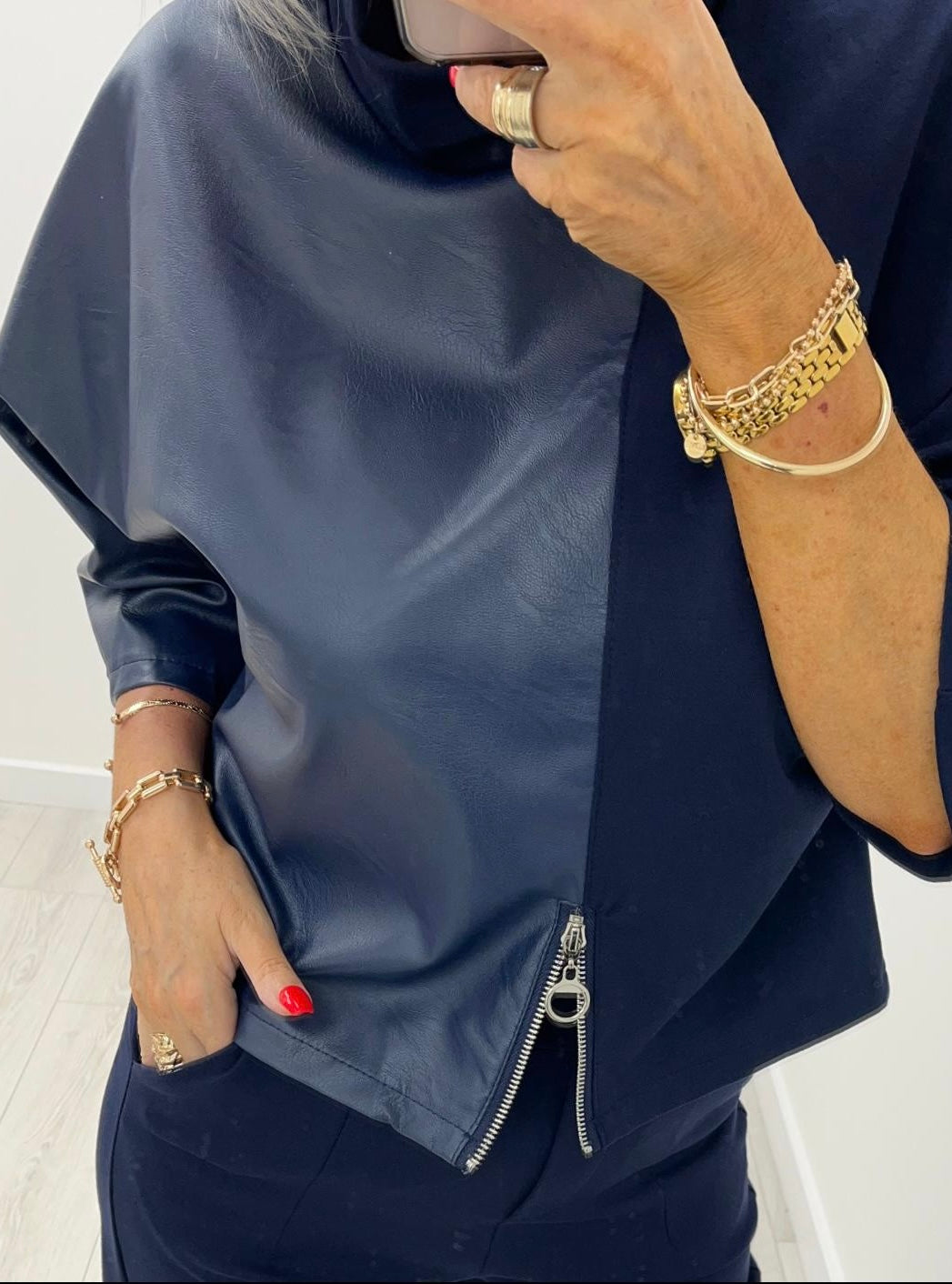 Sammie Navy Leather Blouse