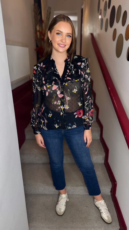 Gabby Black Floral Frill Blouse