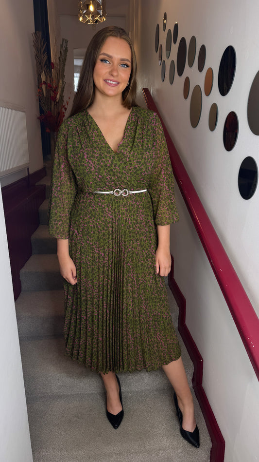 Lucia Animal Print Pleated Midi Dress