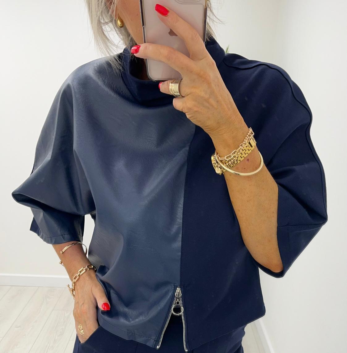 Sammie Navy Leather Blouse