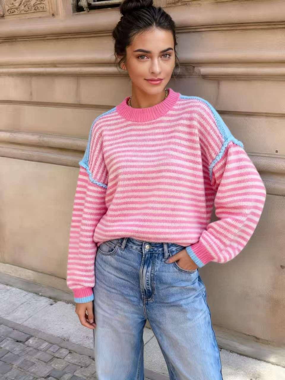 Khloe Pink Knitted Striped Jumper
