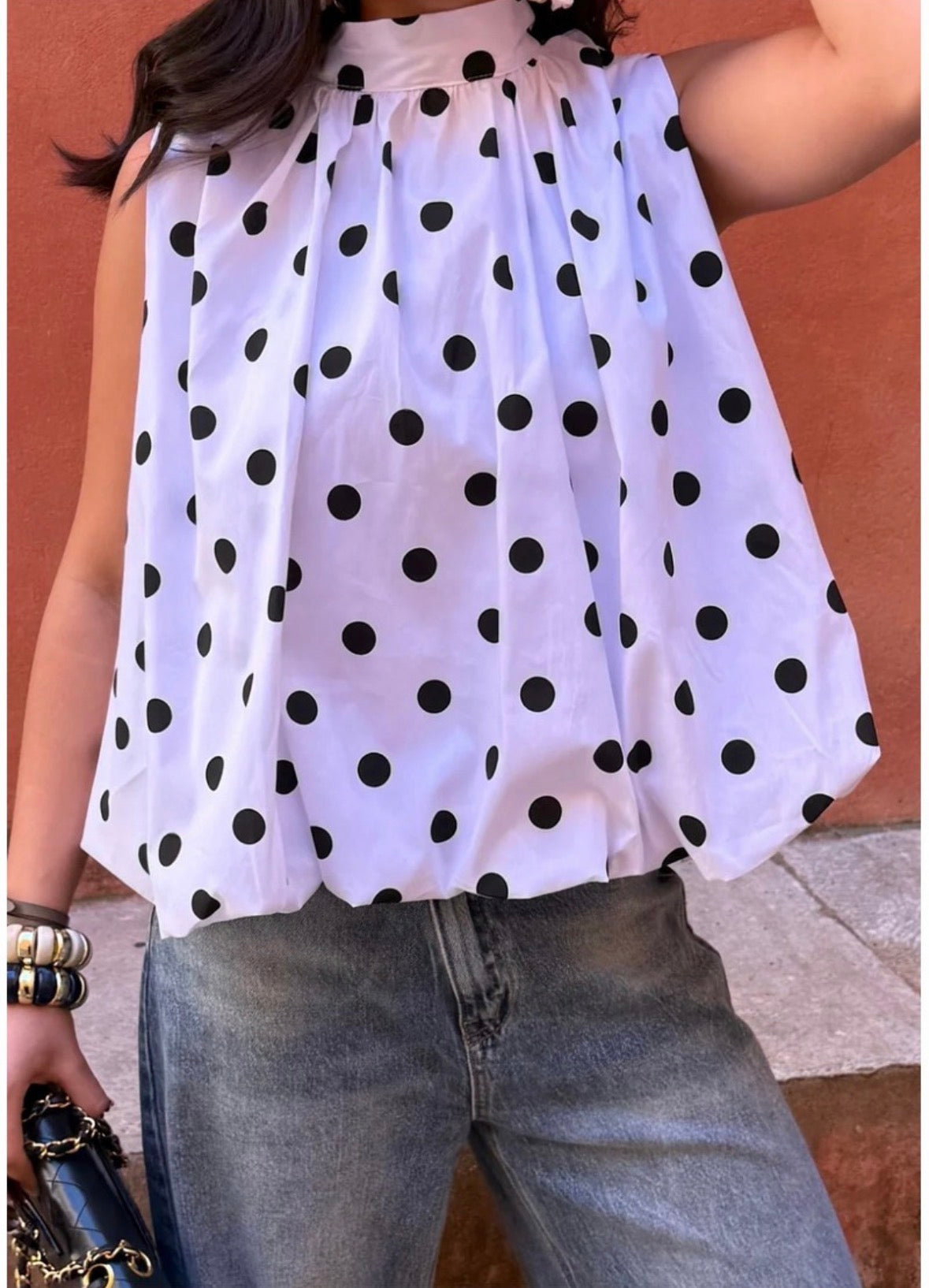 Polka Dot Backless Bow Blouse