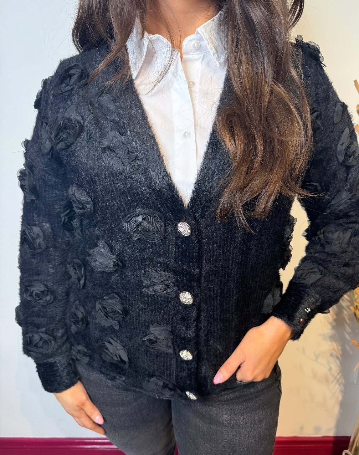 Tina Luxury Black Cardigan with Rose Embellishment