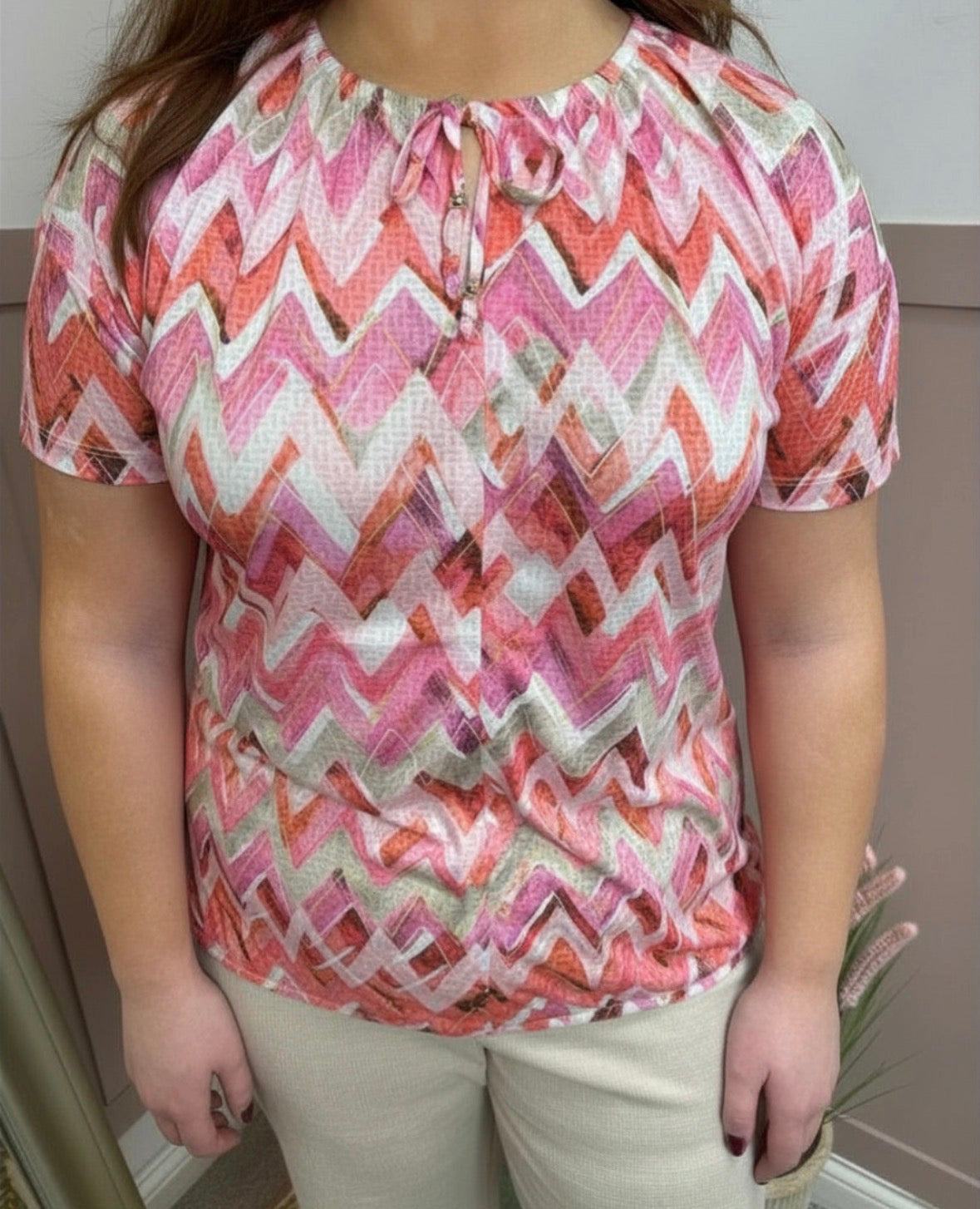 Orlagh Pink Chevron Print Keyhole Blouse