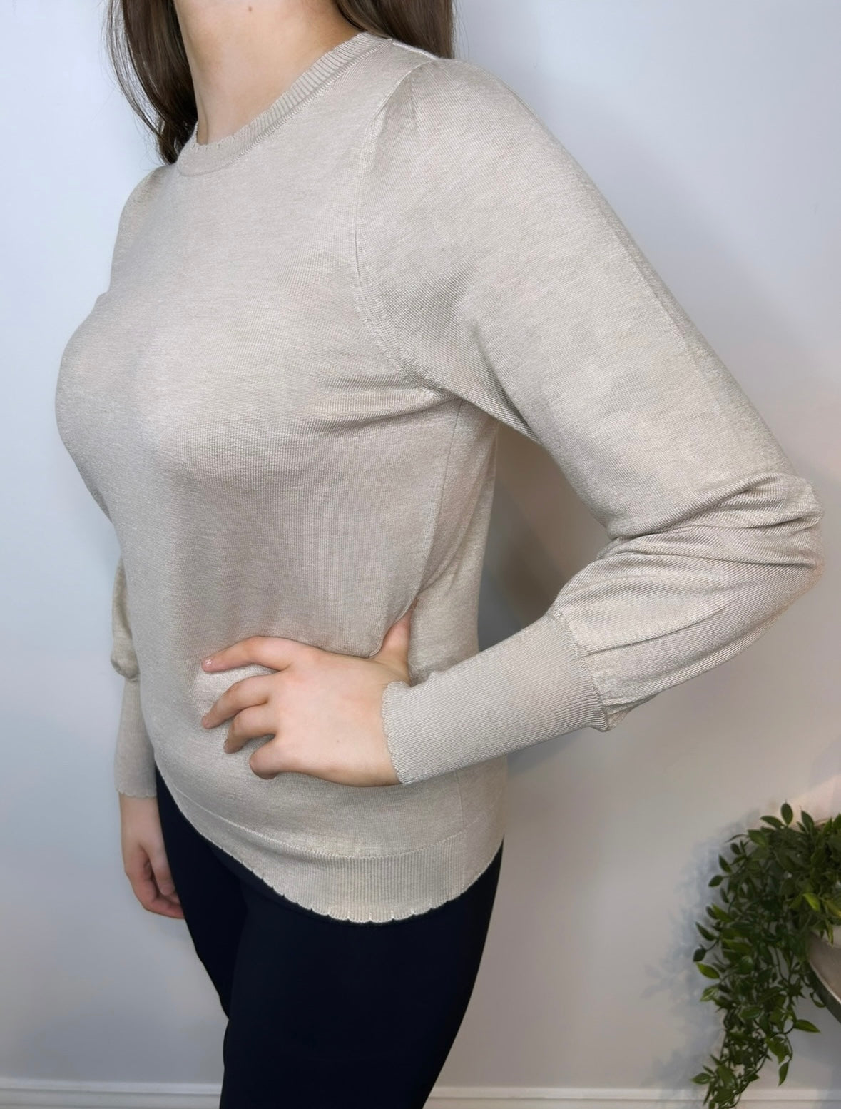 Sunday Beige Scallop Edge Pullover