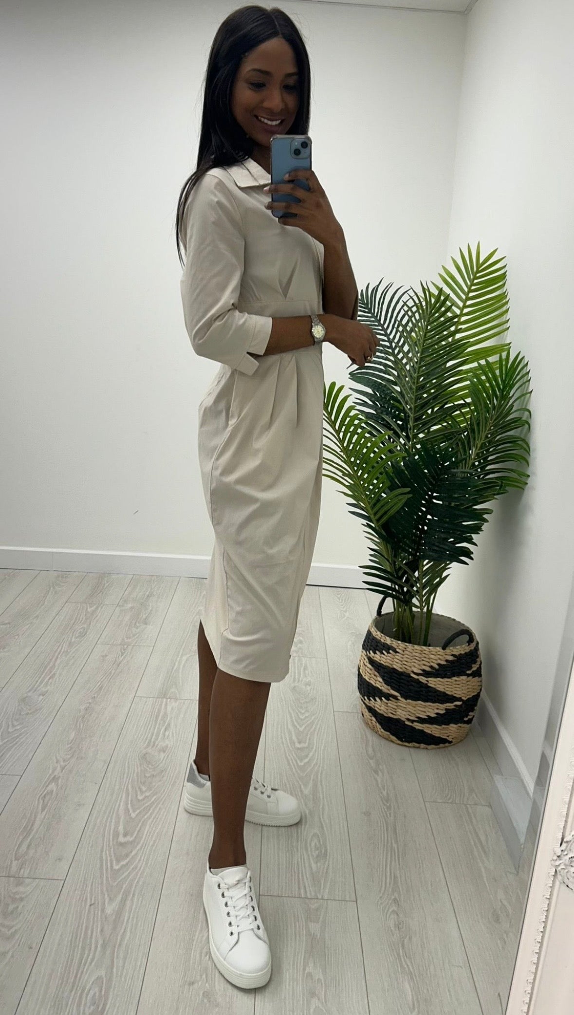 Kayla Beige Zip Midi Dress
