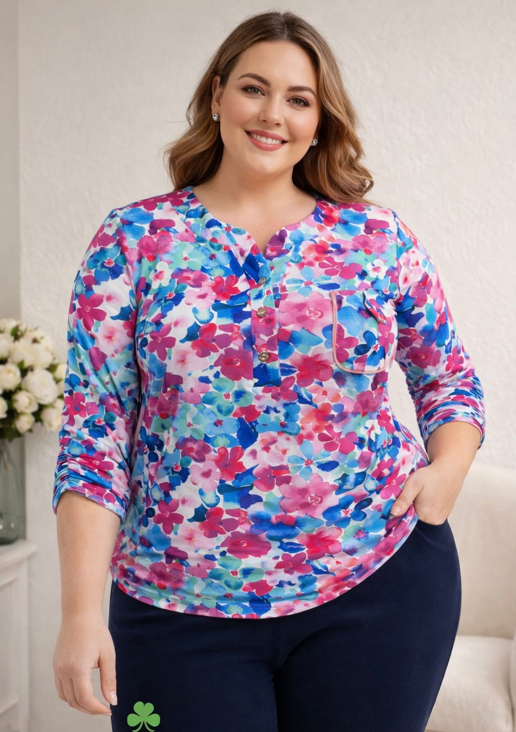 Sarah Blue Floral V-Neck Blouse