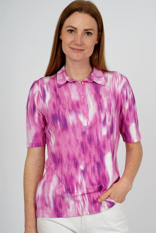 Briana Pink Brushstroke Print Polo Shirt