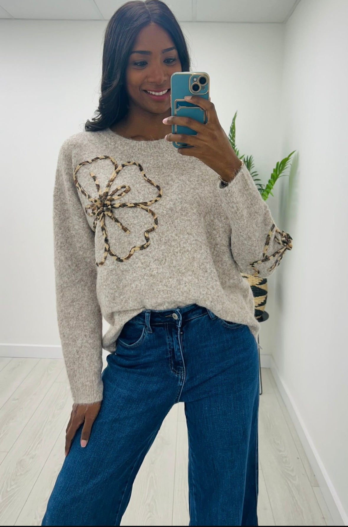 Poppy Taupe Leopard Trim Jumper