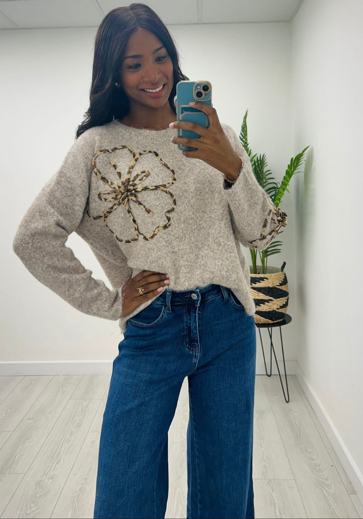 Poppy Taupe Leopard Trim Jumper
