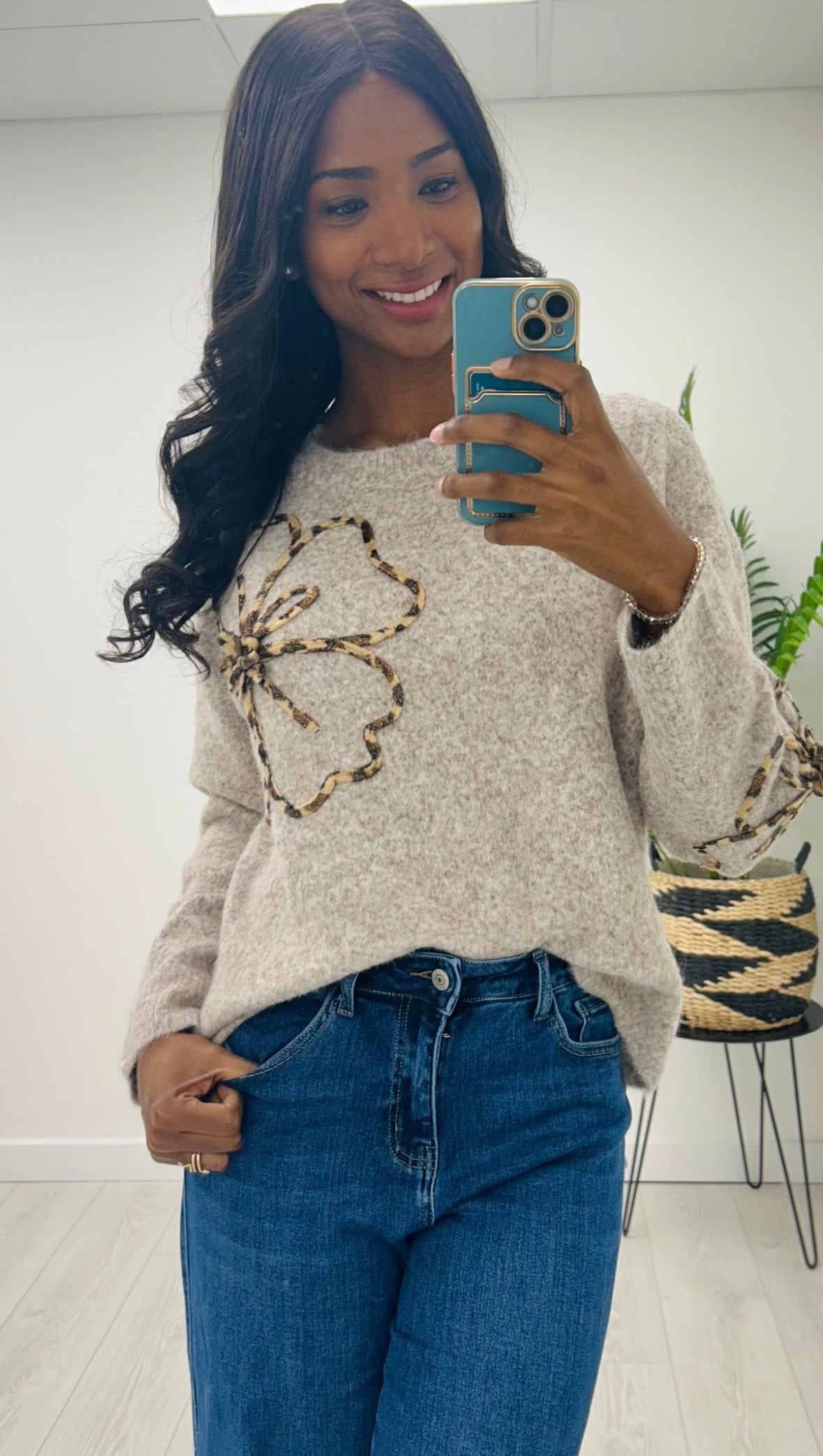 Poppy Taupe Leopard Trim Jumper