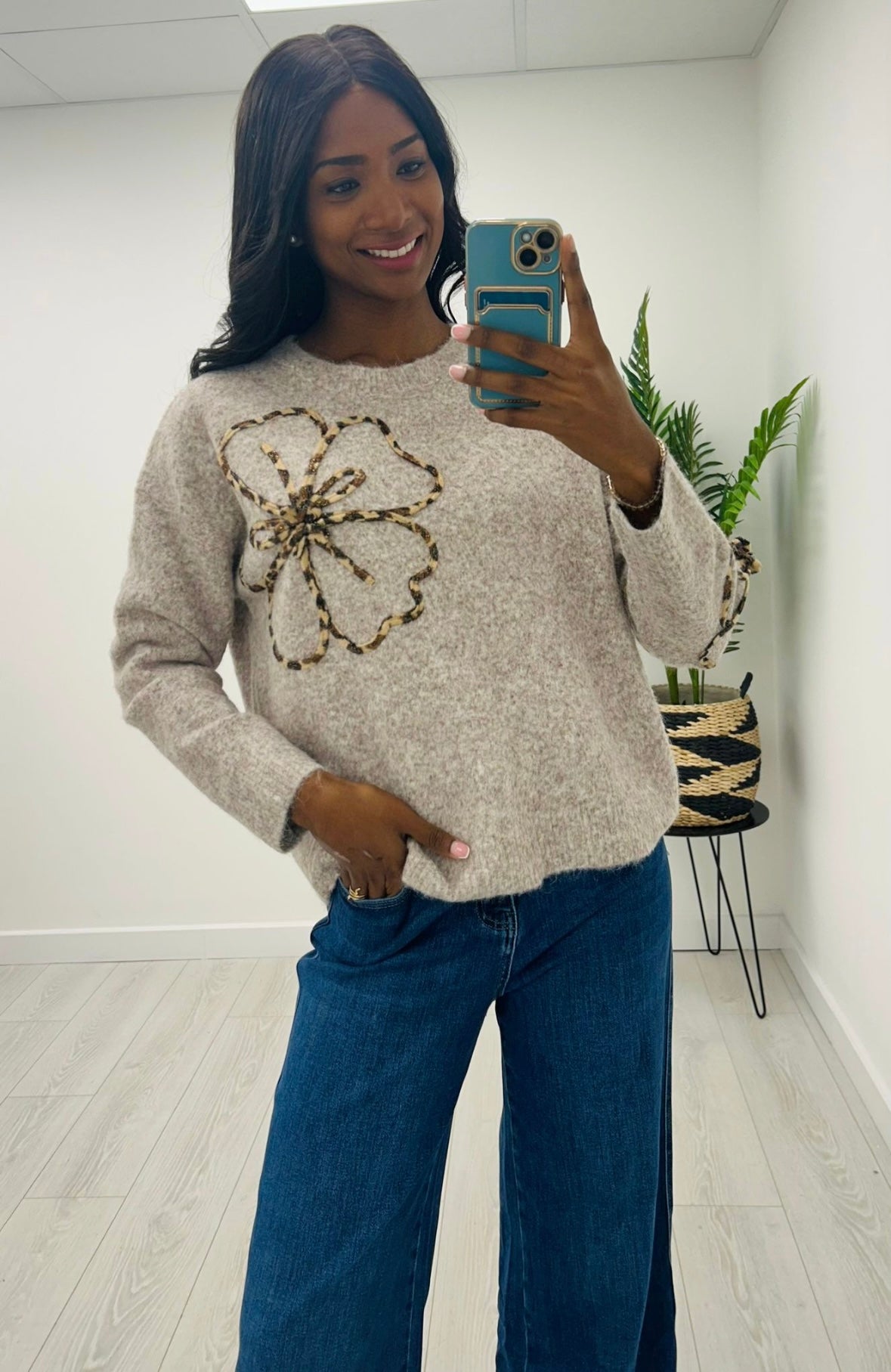 Poppy Taupe Leopard Trim Jumper