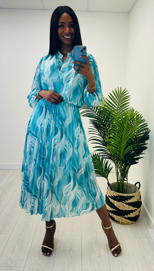 Alanna Turquoise Pleated Dress