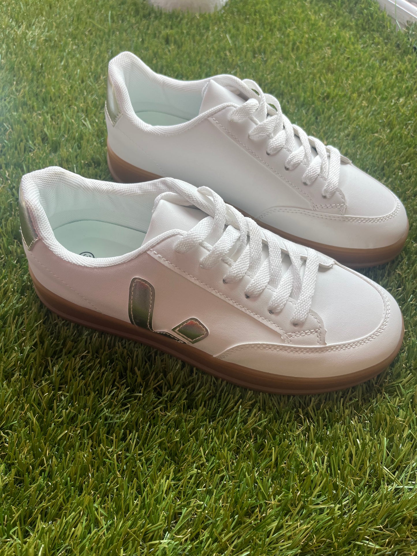 Aimee White and Gold Trainers