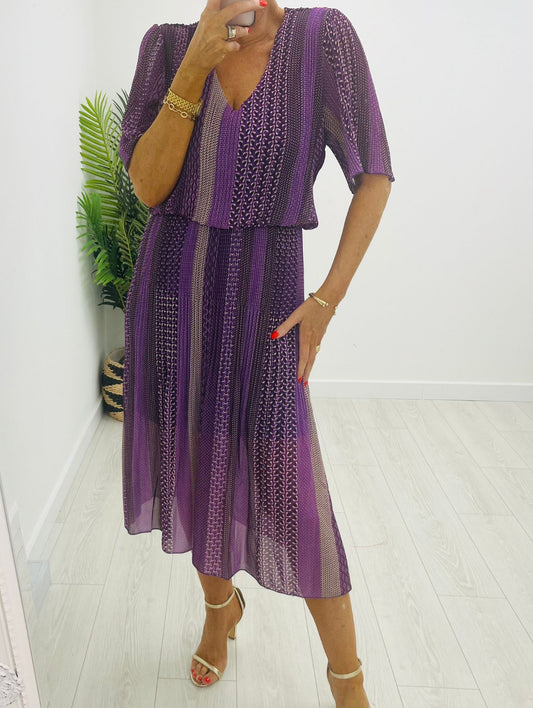 Reagan Purple Pleated Printed Dress