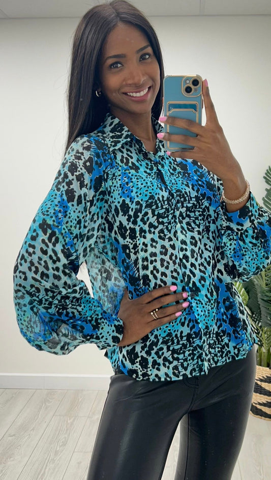 Sally Blue Animal Print Blouse