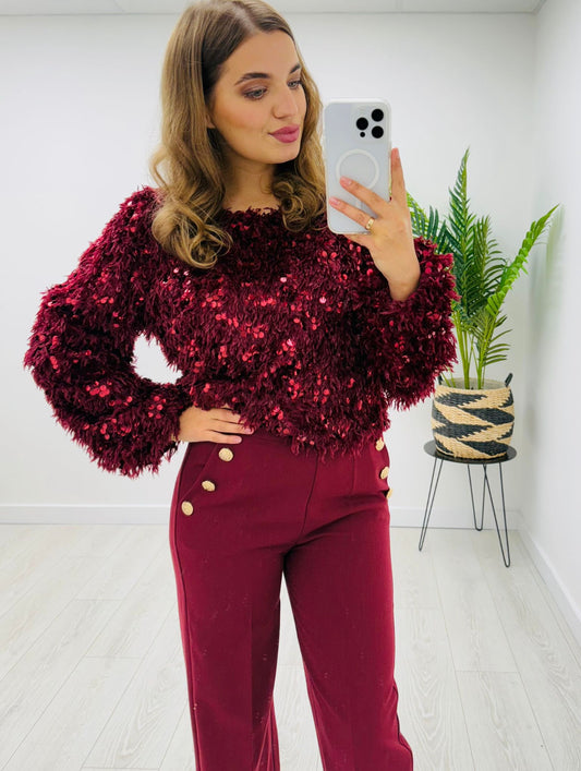 Noelle Burgundy Faux Feather Top