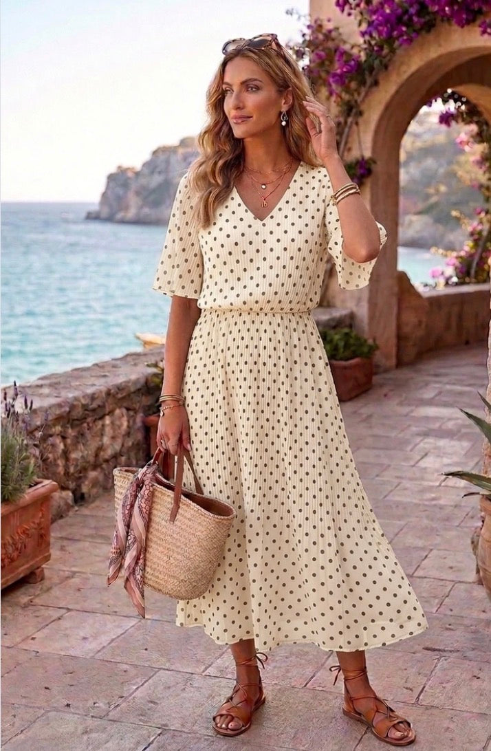 Cassie Ivory Polka Dot Pleated Midi Dress