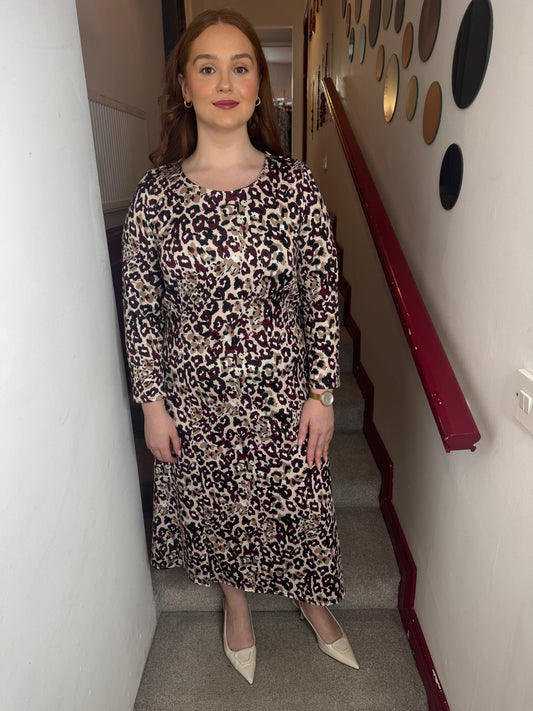 Tia Beige Leopard Print Midi Dress