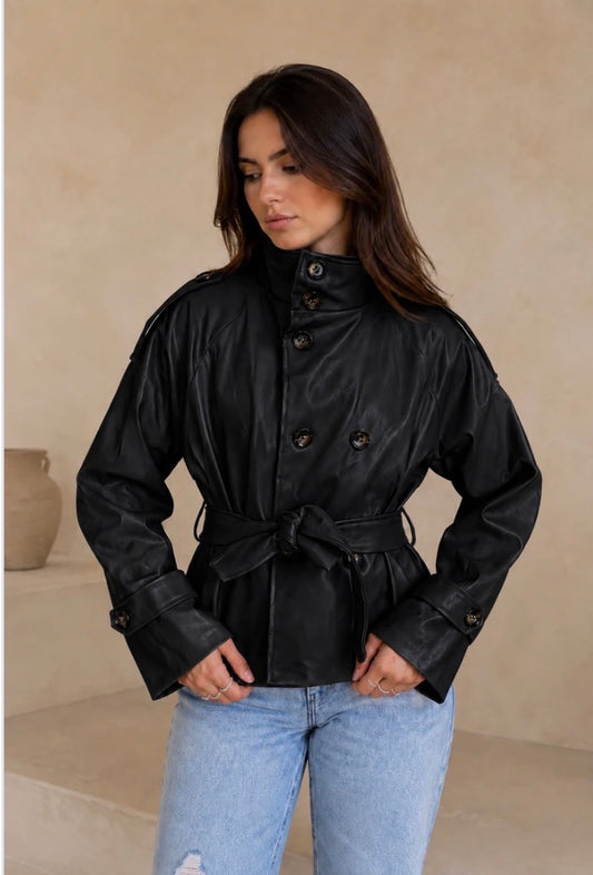 Hilary Black Leather Trench Coat