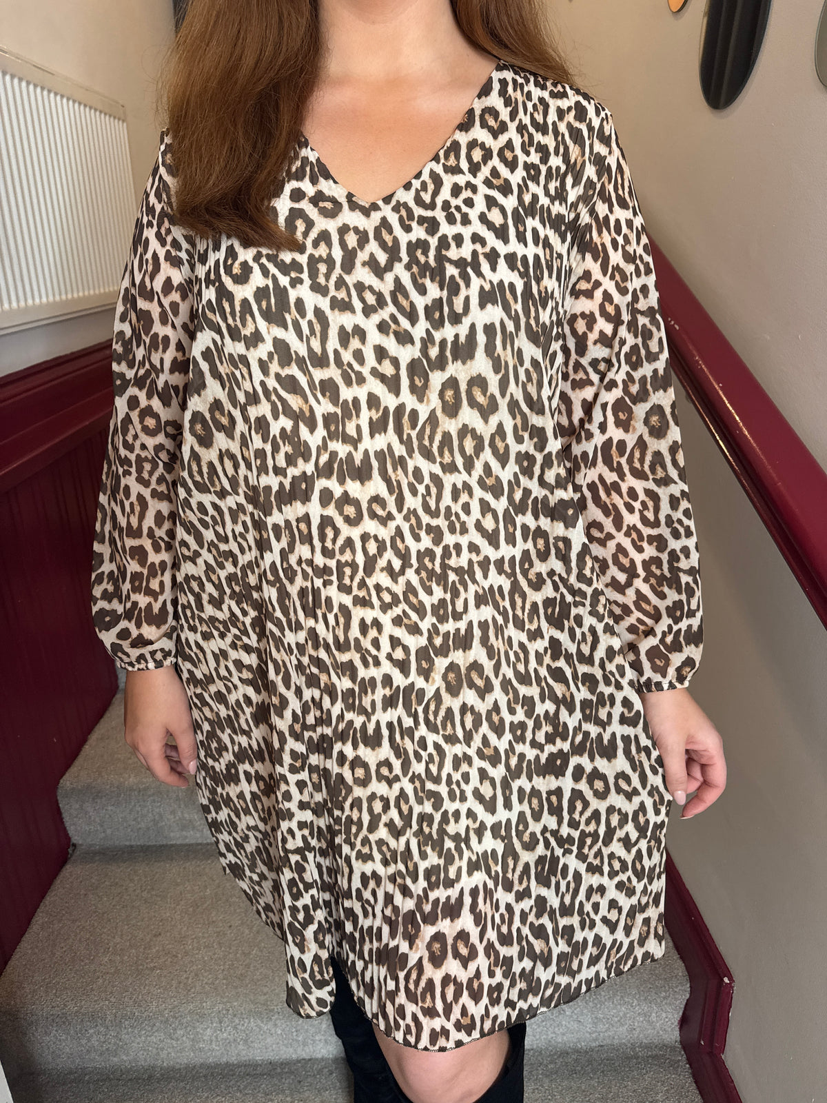 Indie Leopard Print Pleated Tunic Dress