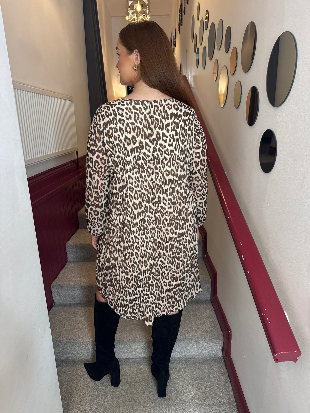 Indie Leopard Print Pleated Tunic Dress