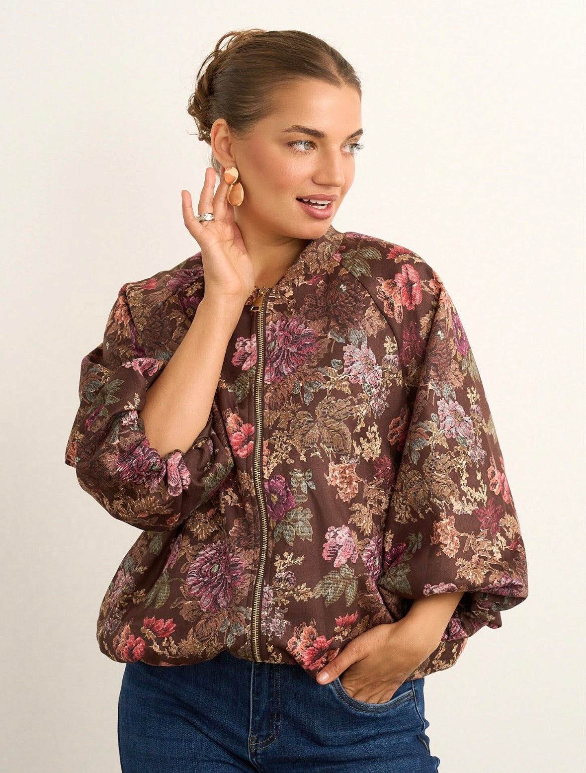 Alia Brown Floral Bomber Jacket