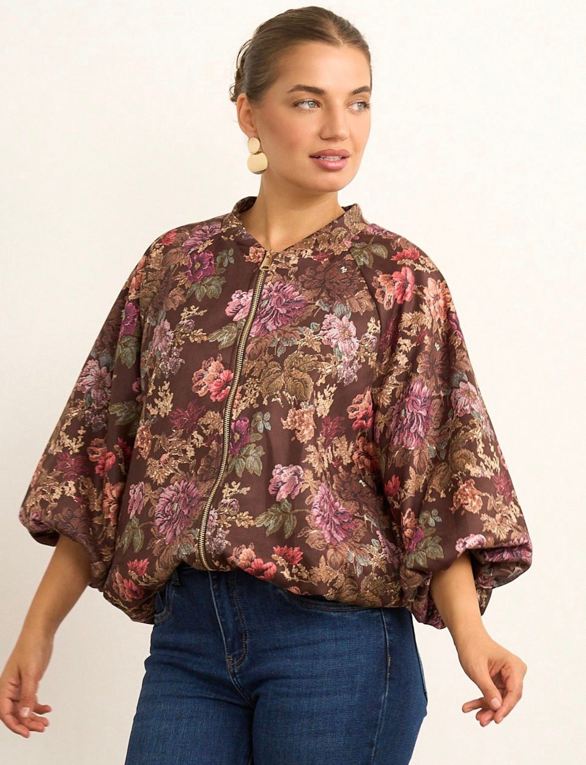 Alia Brown Floral Bomber Jacket