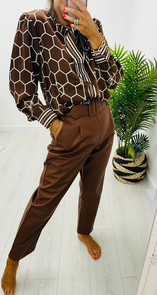 Chrissy Chocolate Faux Leather Trousers