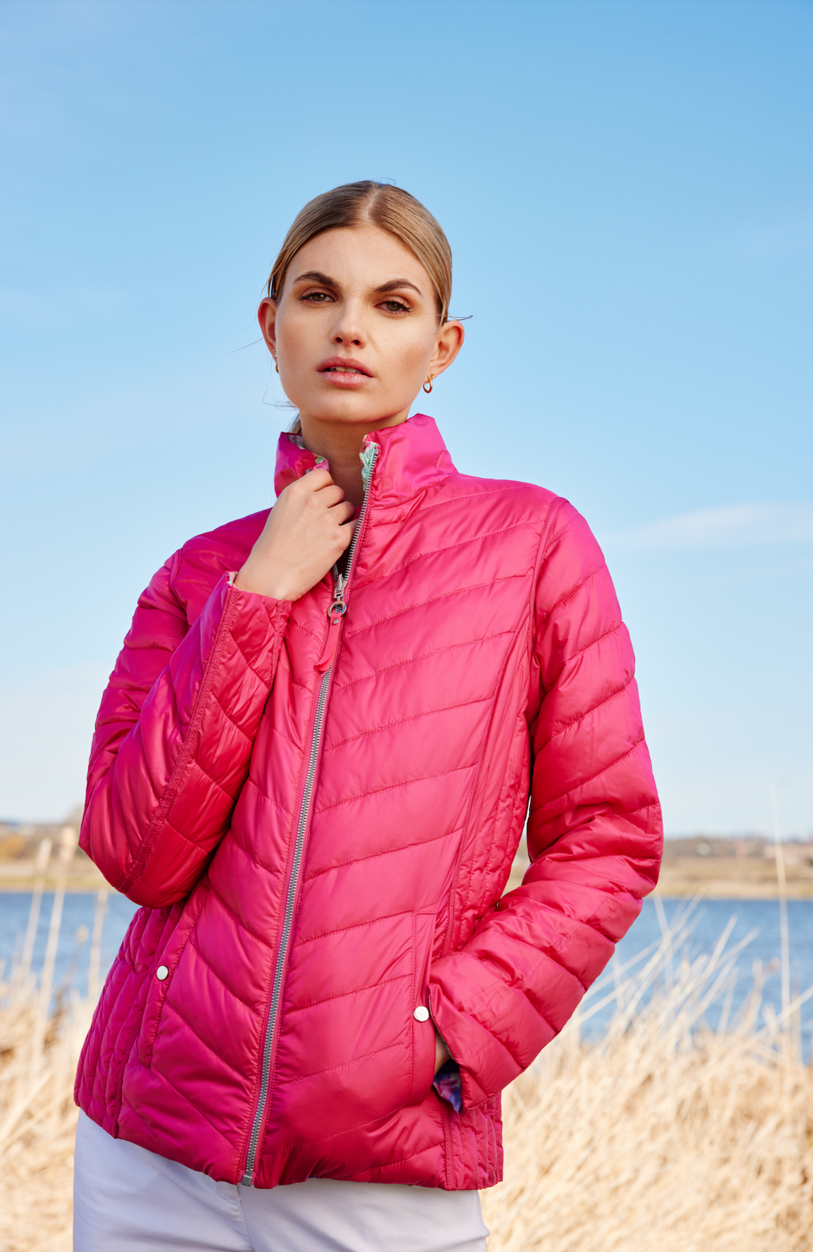 Frandsen Reversible Cerise Pink Floral Puffer Coat