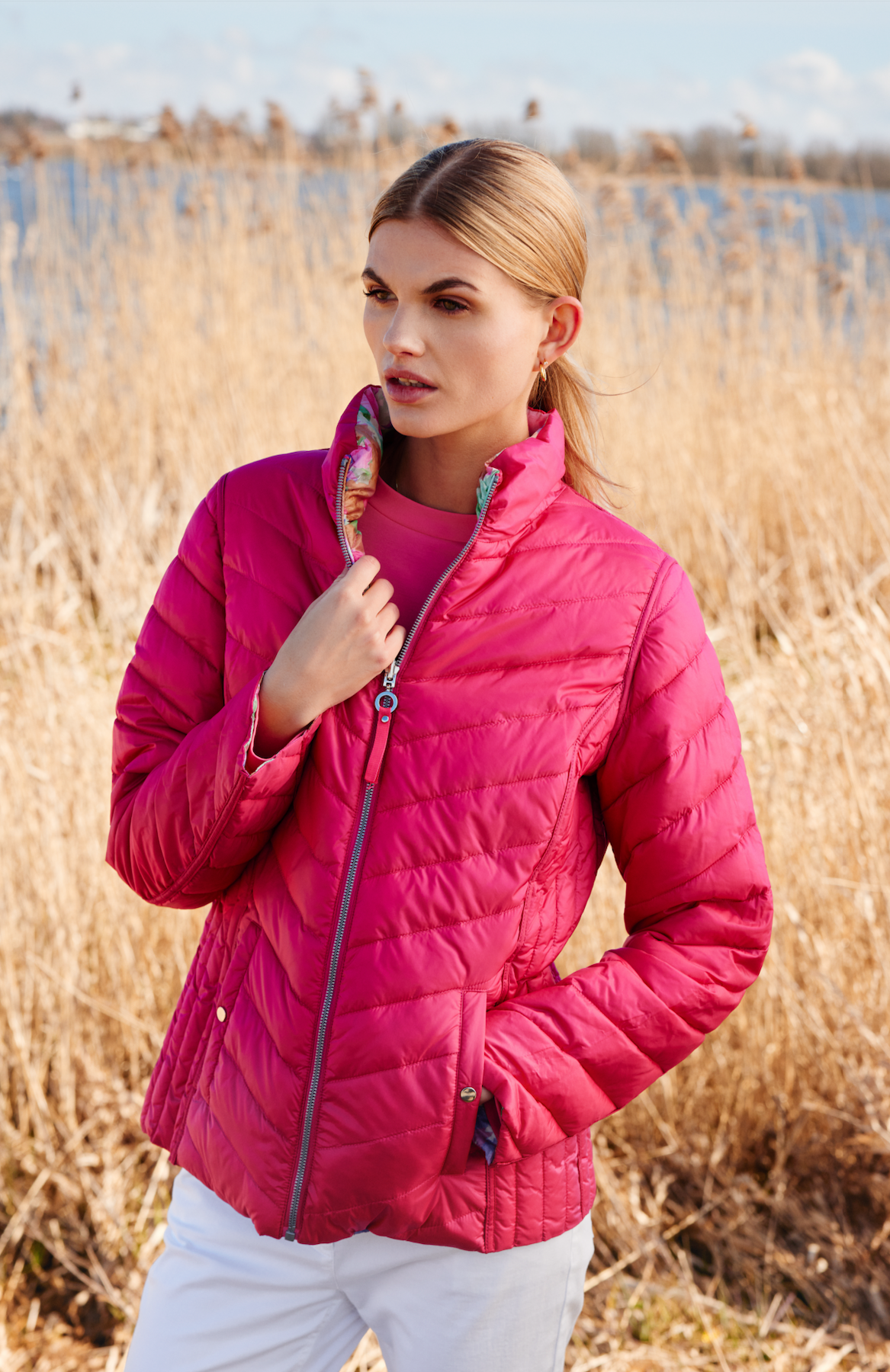 Frandsen Reversible Cerise Pink Floral Puffer Coat