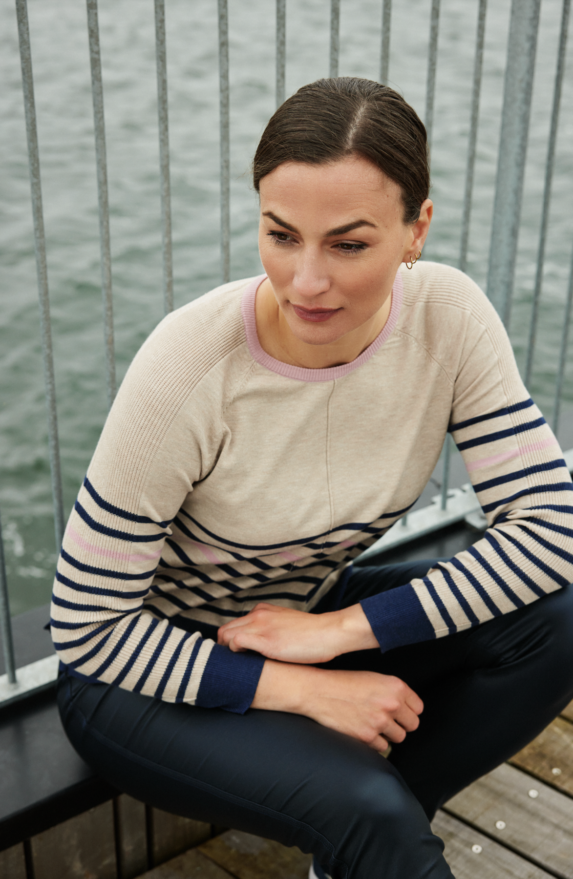 Sunday Beige Striped Navy and Pink Pullover