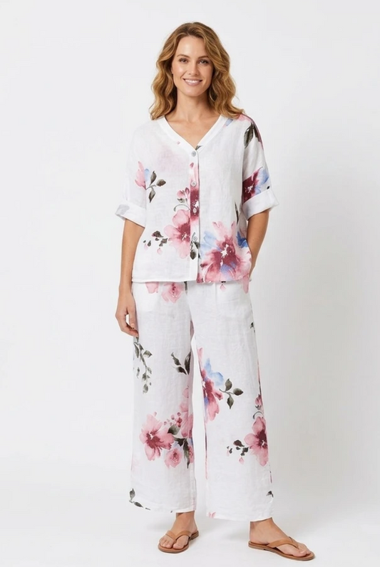 Senaga White Floral Linen Blouse
