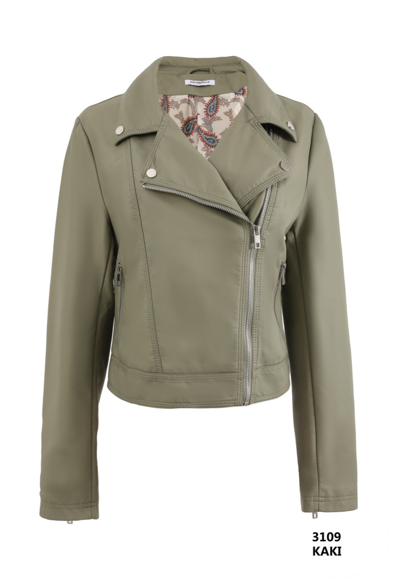 Georgia Khaki Faux Leather Biker Jacket