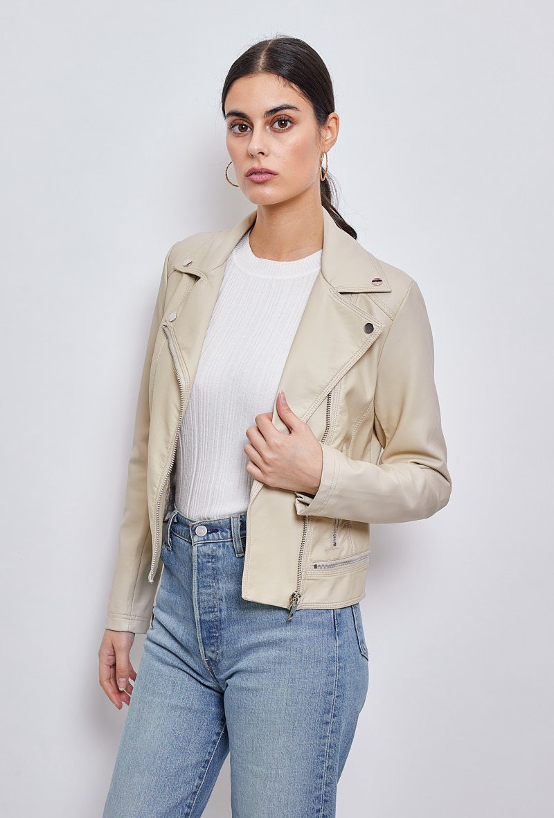 Georgia Beige Faux Leather Biker Jacket