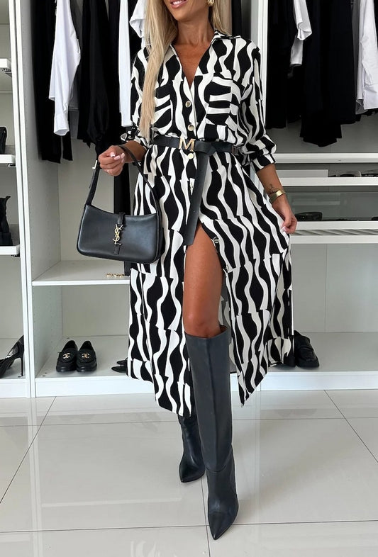 Sandra Black and White Pattern Maxi Shirt Dress