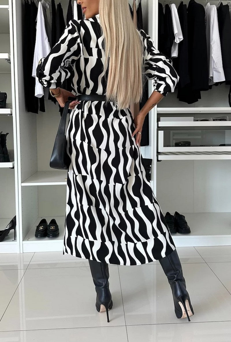 Sandra Black and White Pattern Maxi Shirt Dress