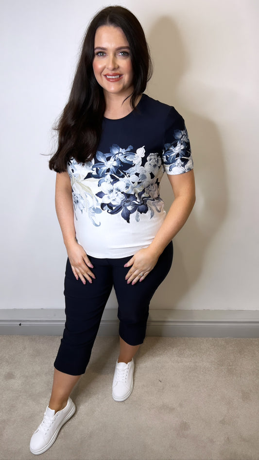 Sunday Navy and Cream Floral Print Luxury Top